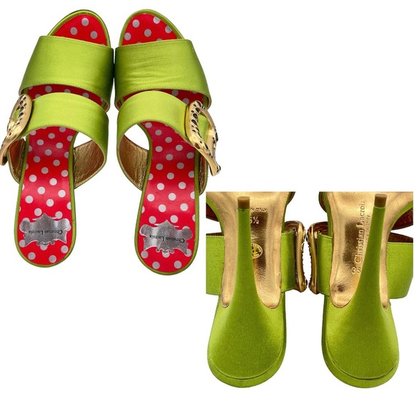 CHRISTIAN LACROIX ⚜️RARE NWT Green Satin Mule Stilettos Jeweled Gold Buckle 36.5 - Picture 11 of 15